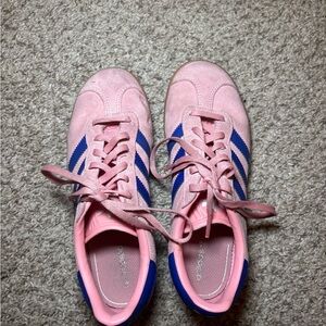Pink Suede Lace-Up Adidas Gazelle Sneakers with Blue Stripes